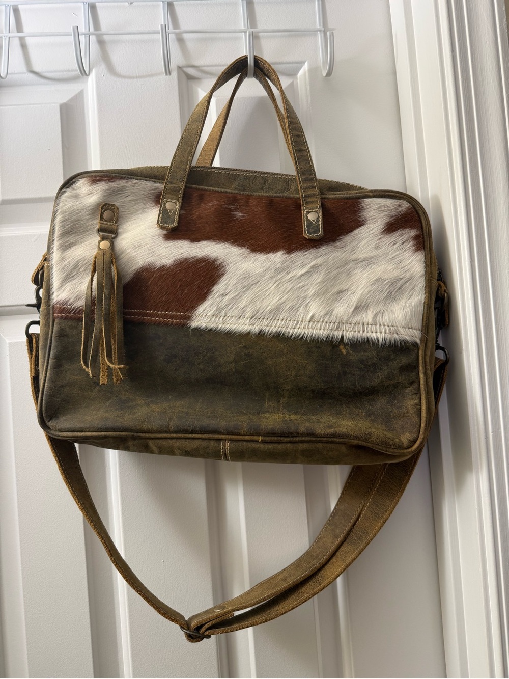 Faux Hide & Leather Messenger Bag - Brown/White